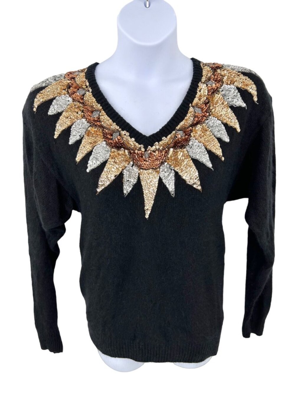 VTG NILANI BLACK SILK ANGORA SILVER GOLD COPPER SEQUIN BEADED SWEATER - M